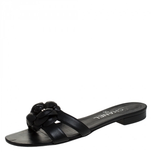 Pre Owned Chanel Black Leather Camellia Embellished CC Thong Flat Slides Size 36.5