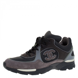 Pre Owned Chanel Grey Canvas and Suede CC Logo Lace Up Sneakers Size 40.5