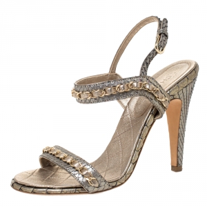 Chanel Metallic Gold/Grey Chain Embellished Slingback Sandals Size 37