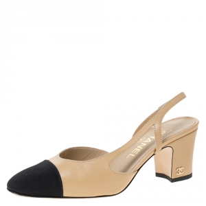 Chanel Beige Leather and Black Fabric Cap Toe Slingback Sandals Size 35.5