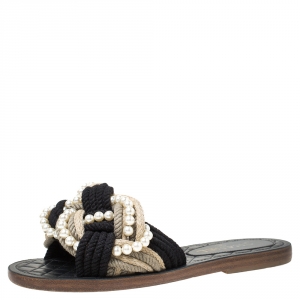 Chanel Two Tone Rope With Faux Pearls Cuba Slide Sandals Size 37