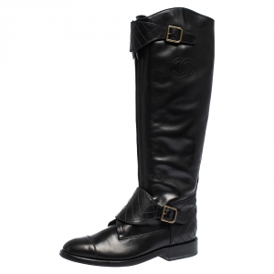 Chanel Black Leather Quilt Detail CC Knee Length Boots Size 39.5
