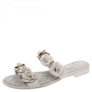 Chanel White Camellia Embellished Leather Flat Slides Size 41.5