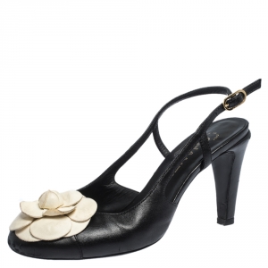 Chanel Black/White Leather Camellia Embellished Slingback Sandals Size 38