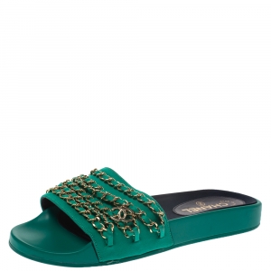 Chanel Green Satin Tropiconic Chain Detail Slides Sandals Size 39