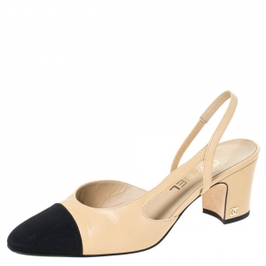 Chanel Beige/Black Leather and Fabric Cap Toe Slingback Sandals Size 38.5