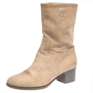 Chanel Beige Nubuck Leather CC Ankle Booties Size 39.5