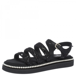 Chanel Black Tweed Sequin And Pearl Embellished Strappy Flat Sandals Size 40