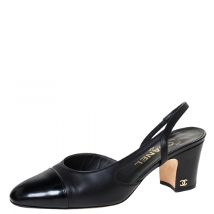 Chanel Black Leather CC Cap Toe Slingback Sandals Size 37.5