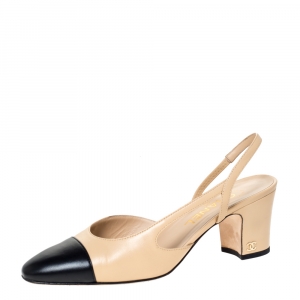 Chanel Beige/Black Leather Cap Toe Slingback Sandals Size 37.5