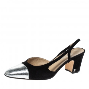 Chanel Black Suede And Metallic Silver Leather Cap Toe Slingback Sandals Size 39.5