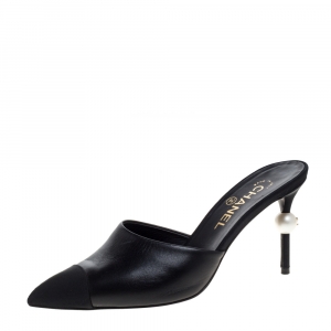 Chanel Black Leather and Canvas CC Faux Pearl Embellished Heel Slip On Mules Size 38.5