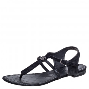 Chanel Shimmery Black Suede and Calf Hair Thong Ankle Strap Sandals Size 42