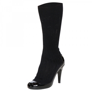 Chanel Black Stretch Fabric and Patent Leather Knit Sock Boots Size 36.5