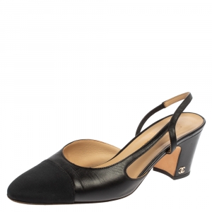 Pre Owned Chanel Black Leather And Canvas CC Cap-Toe Slingback Sandals Size 39