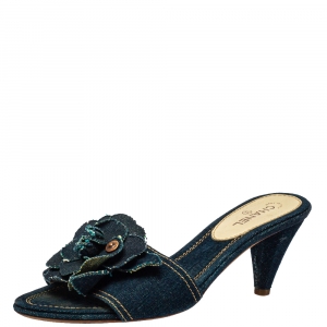 Chanel Blue Denim Camellia Mules Sandals Size 37