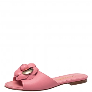 Pre Owned Chanel Pink Leather CC Camellia Flat Slides Size 36