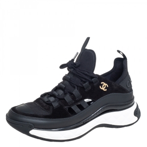 Pre Owned Chanel Black Leather, Fabric and Suede CC Lace Up Sneakers Size 39