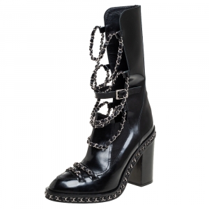 Chanel Black Glazed Leather CC Runway Chain Obsession Block Heel Boots Size 40