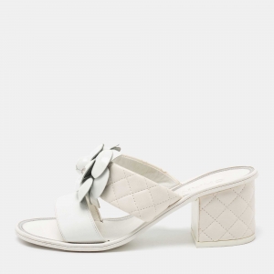 Chanel White Leather Camelia Block Heel Slide Sandals Size 36