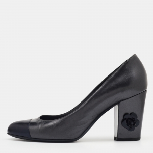 مملوكة مسبقًا Chanel Dark Grey/Navy Blue Leather Cap Toe Block Heel Pumps Size 39.5