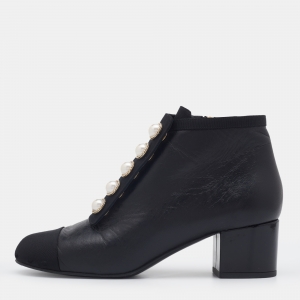 Chanel Black Leather And Fabric Faux Pearl CC Cap Toe Ankle Length Boots Size 39