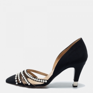 Pre Owned Chanel Black Canvas Faux Pearl D'Orsay Pumps Size 38.5