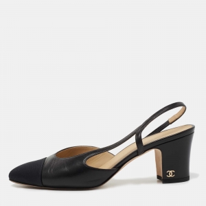 Pre Owned Chanel Black Leather CC Cap Toe Block Heel Slingback  Pumps Size 37