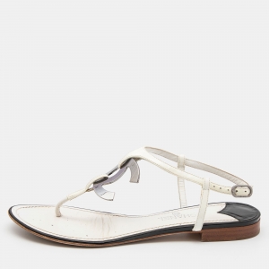Chanel White/Black Patent Leather CC Thong Flat Sandals Size 39