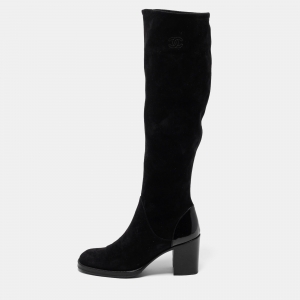 Chanel Black Suede Knee Length Boots Size 37