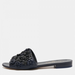 Chanel Navy Blue Leather Camelia Flat Slides Size 37.5