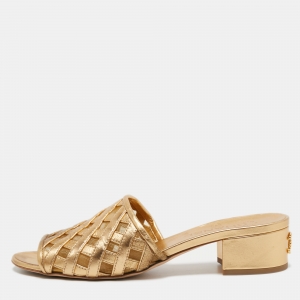 مملوكة مسبقًا Chanel Gold Leather CC Block Heel Slide Sandals Size 39.5