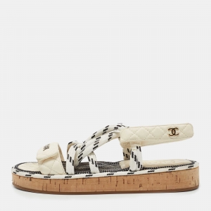Chanel Tricolor Quilted Leather and Woven Fabric Logo Slingback Sandals Size 39