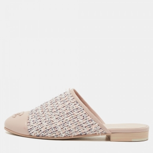 Pre Owned Chanel Light Pink Tweed and Leather CC Cap Toe Flat Mules Size 36
