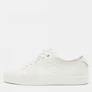 Pre Owned Chanel White Leather CC Low Top Sneakers Size 40 