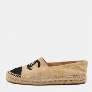 Chanel Beige/Black Suede CC Pearl Espadrille Flats Size 37