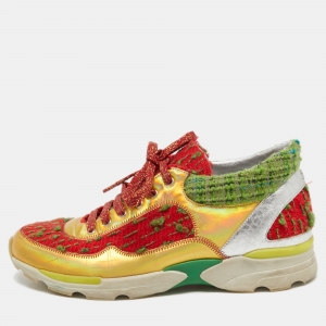 Pre Owned Chanel Multicolor Leather and Tweed CC Low Top Sneakers Size 39