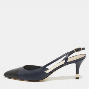 Chanel Navy Blue/Black Leather Cap Toe Slingback Pumps Size 41