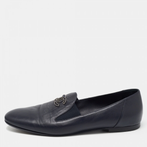 Chanel Navy Blue Leather CC Slip On Loafers Size 41