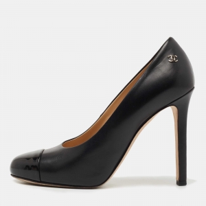 Chanel Black Patent and Leather Cap Toe Pumps Size 36.5