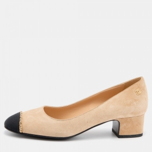 Pre Owned Chanel Cream/Black Suede and Fabric CC Chain Link Cap Toe Block Heel Pumps Size 36