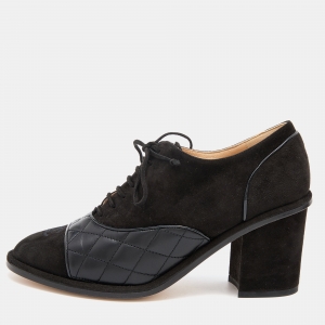 Chanel Black Suede and Leather CC Block Heel Oxford Booties Size 38.5