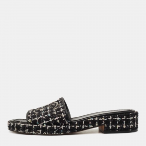 Chanel Black Tweed CC Slide Sandals Size 39
