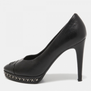 Chanel Black Leather Cap Toe Chain Platform Pumps Size 38