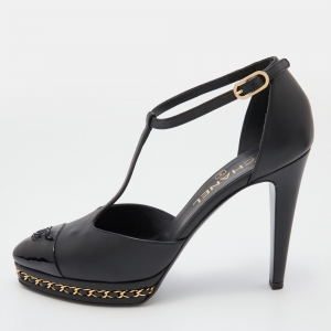 Pre Owned Chanel Black Leather Chain Link CC Cap Toe T-Strap Platform Pumps Size 38.5