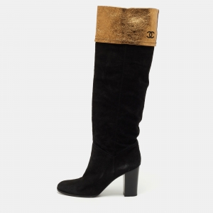 Chanel Black/Gold Suede and Leather Knee Length Boots Size 41