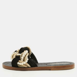Pre Owned Chanel Black Woven Fabric Cuba Braid Pearl Flat Slides Size 39