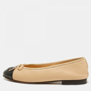 Chanel Beige/Black Leather CC Ballet Flats Size 36.5