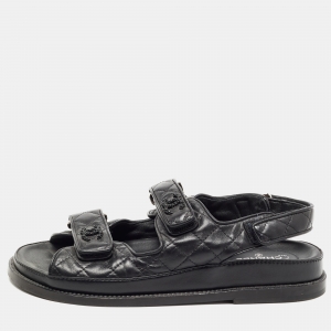 Chanel Black Leather Quilted CC Dad Sandals Size 38.5