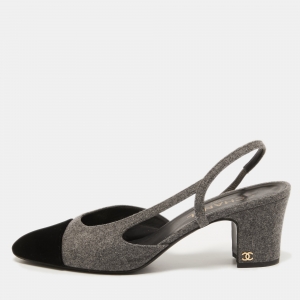 Chanel Grey/Black Velvet and Fur CC Block Heel Slingback Pumps Size 41